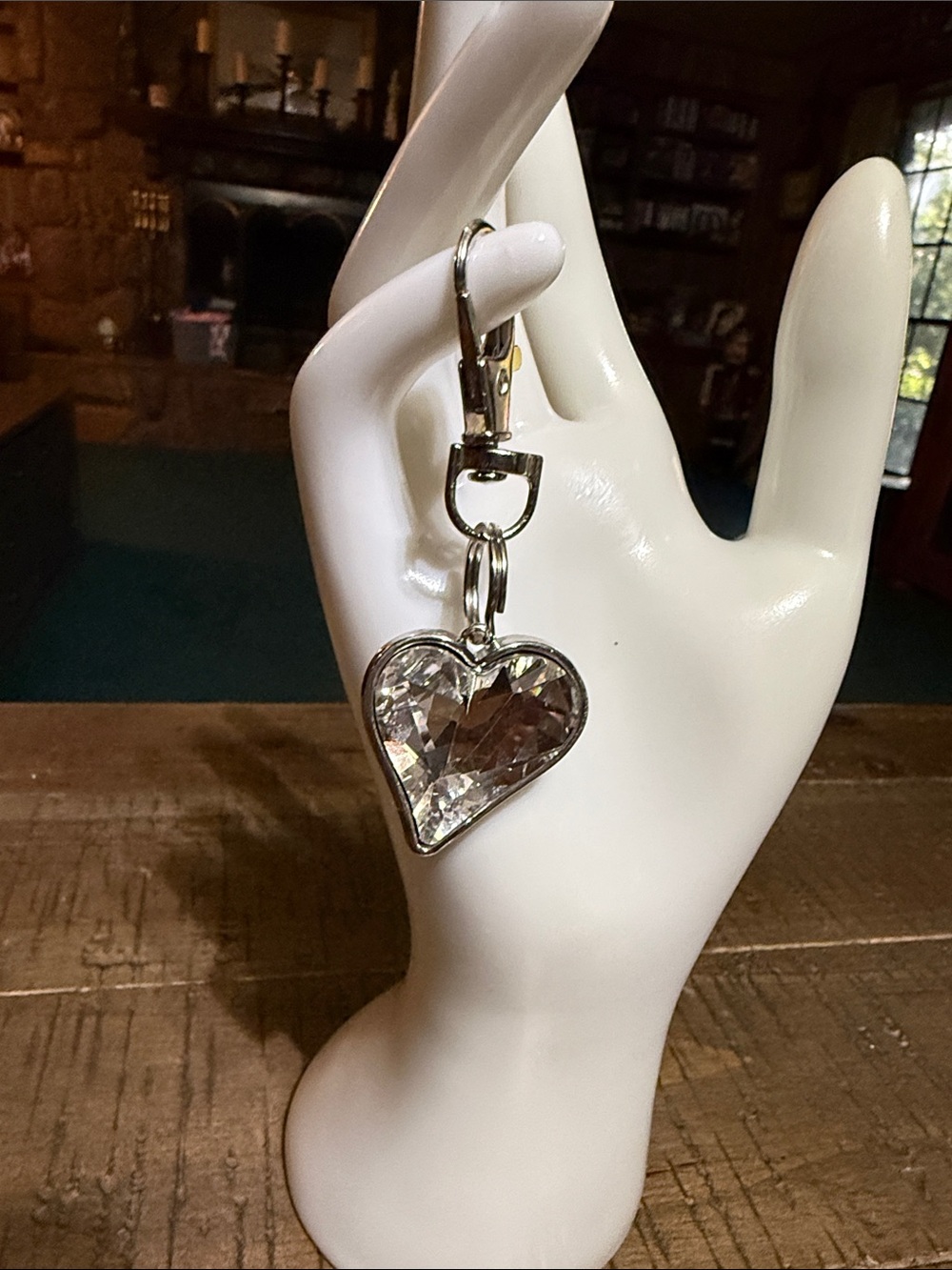 Heart-Shaped Crystal Keychain Charm - Clear Silver Tone